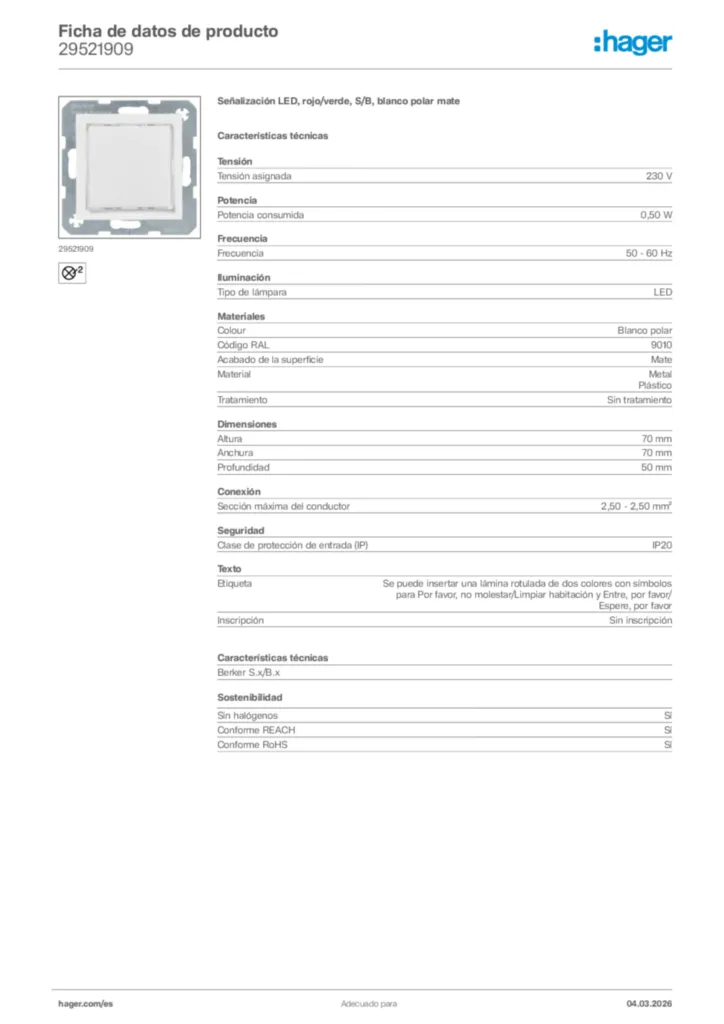 Imagen Hager Ficha de datos de producto 29521909 | Hager España