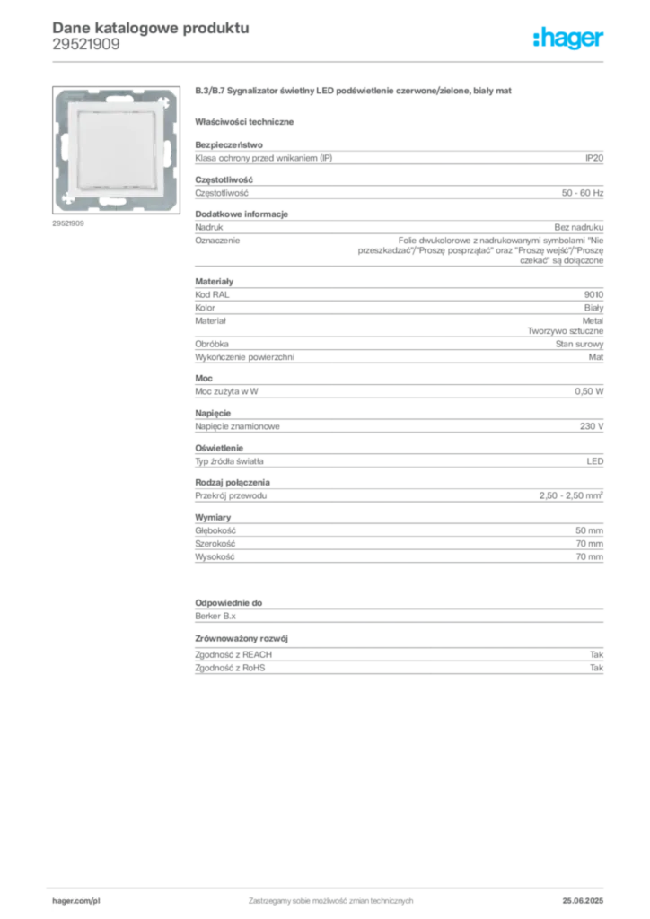 Zdjęcie Hager Dane katalogowe produktu 29521909 | Hager Polska