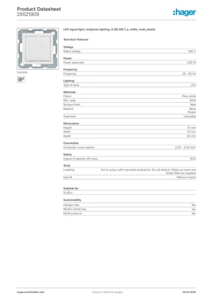Image Hager Product data sheet 29521909  | Hager