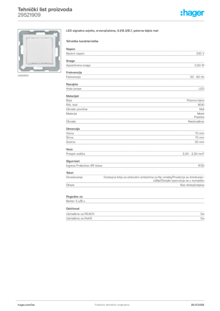 Slika Hager Product data sheet 29521909  | Hager