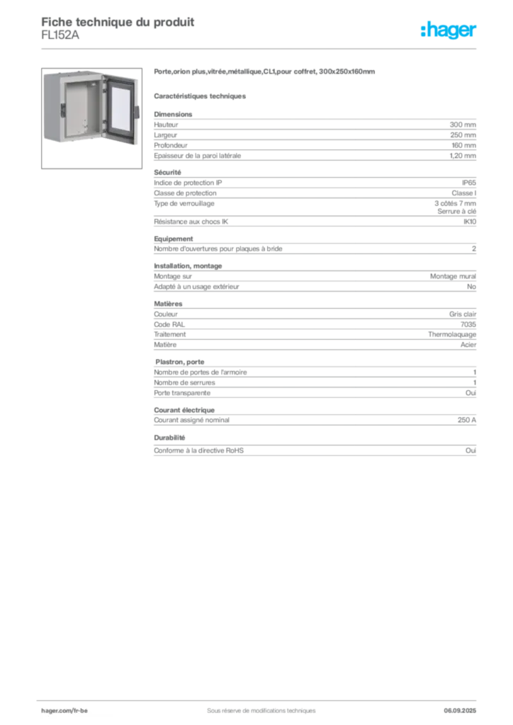 Image Hager Fiche technique du produit FL152A | Hager Belgique