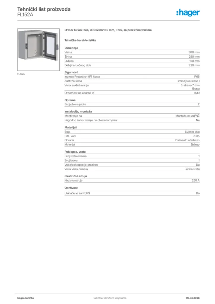 Slika Hager Tehnički list proizvoda FL152A  | Hager