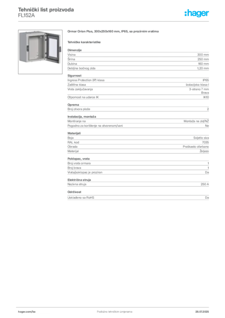 Slika Hager Product data sheet FL152A  | Hager