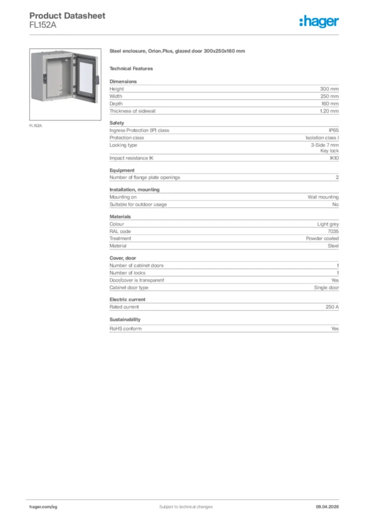 Image Hager Product data sheet FL152A  | Hager