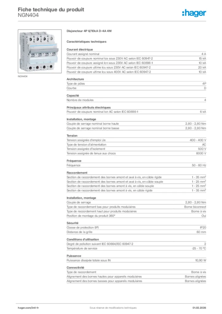 Image Hager Fiche technique du produit NGN404 | Hager Afrique
