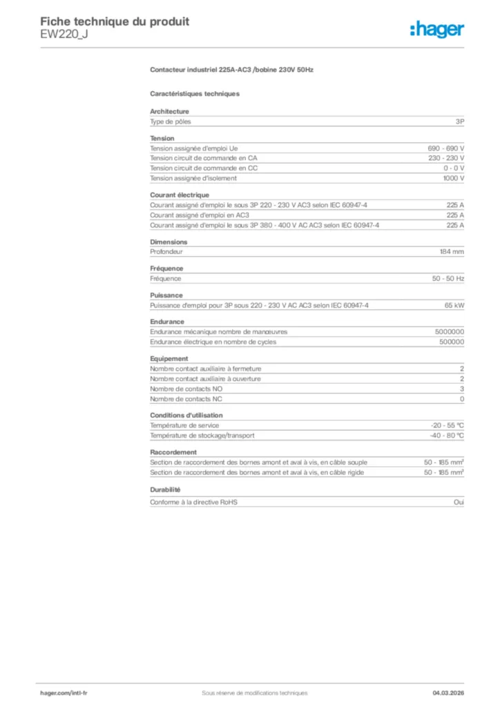 Image Hager Fiche technique du produit EW220_J | Hager Afrique
