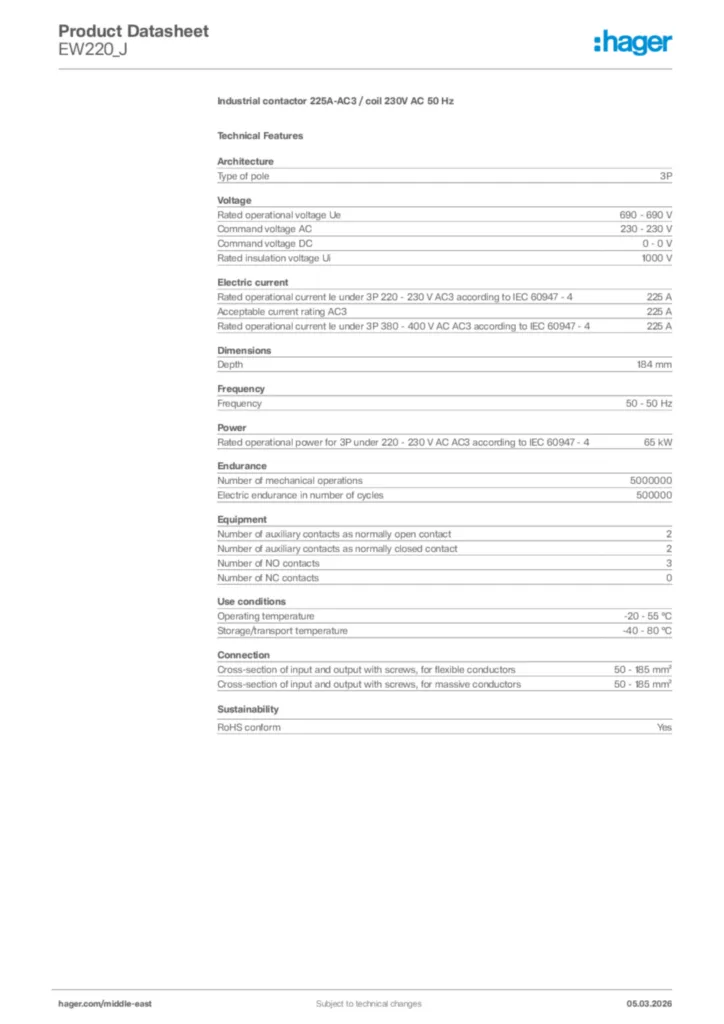 Image Hager Product data sheet EW220_J  | Hager