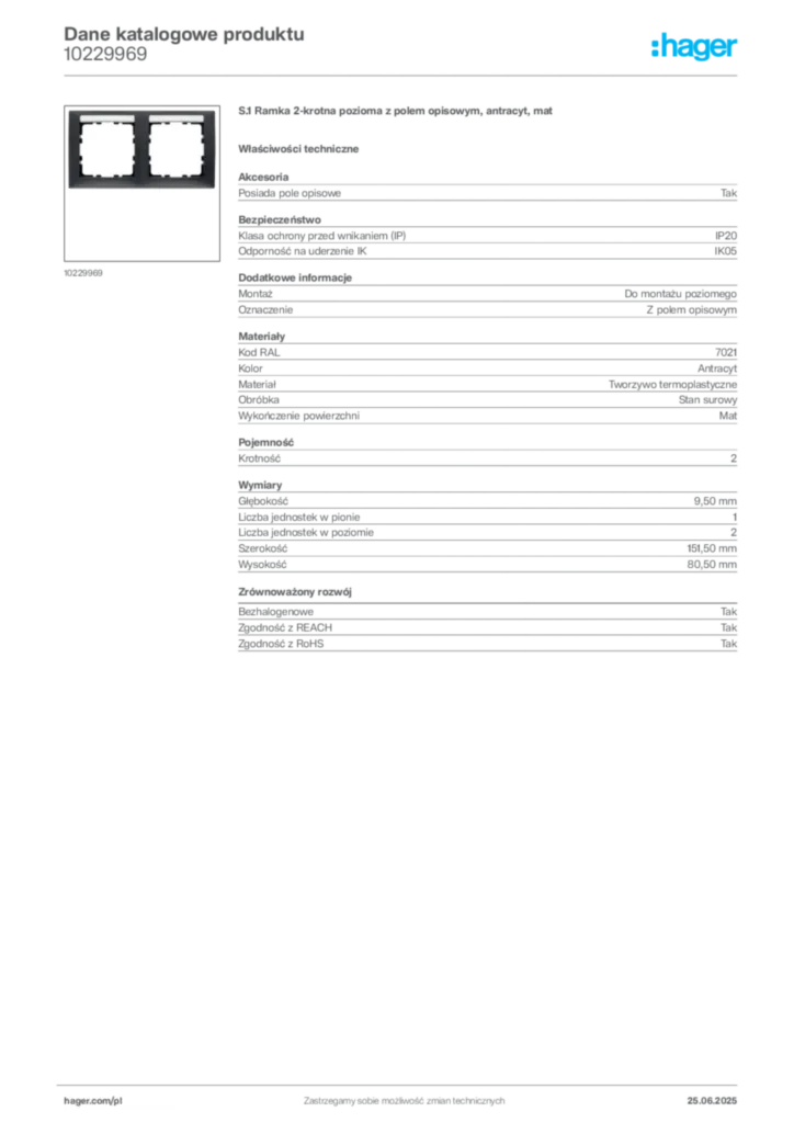 Zdjęcie Hager Dane katalogowe produktu 10229969 | Hager Polska