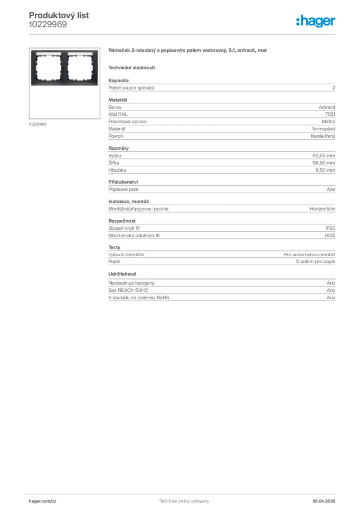 Obrázek Hager Product data sheet 10229969 | Hager