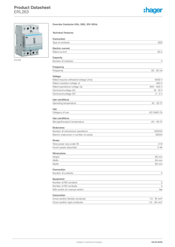 Image Hager Product data sheet ERL263  | Hager Africa
