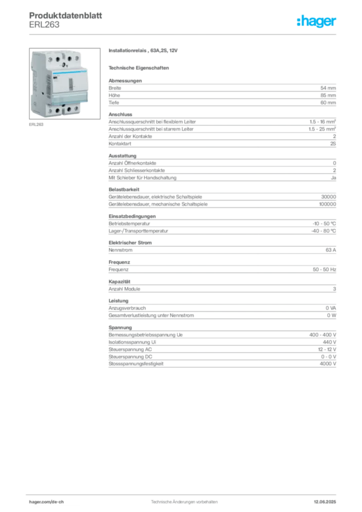Bild Hager Produktdatenblatt ERL263 | Hager Schweiz