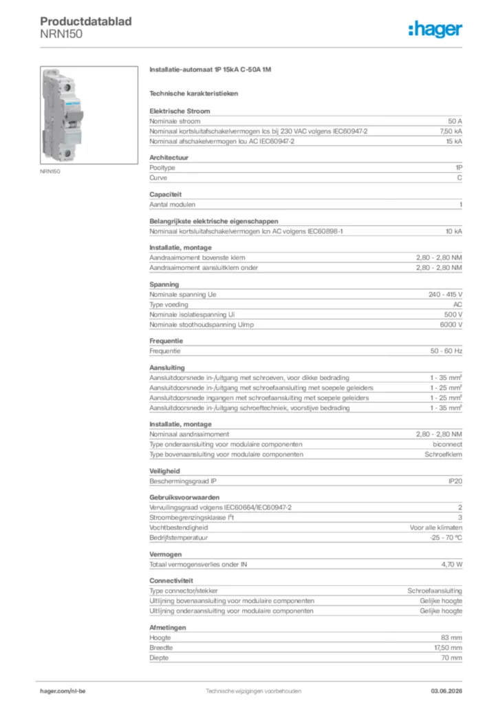 Afbeelding Hager Productdatablad NRN150 | Hager Belgium