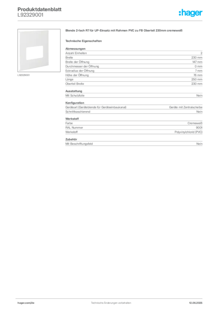 Bild Hager Produktdatenblatt L92329001 | Hager Deutschland