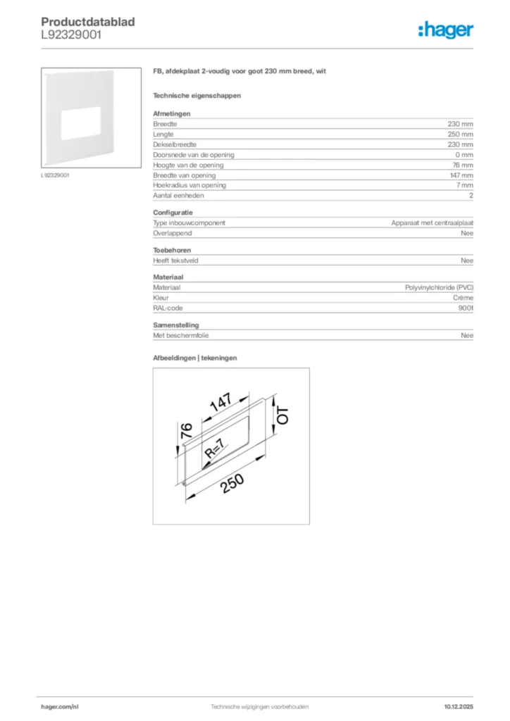 Afbeelding Hager Productdatablad L92329001 | Hager Nederland