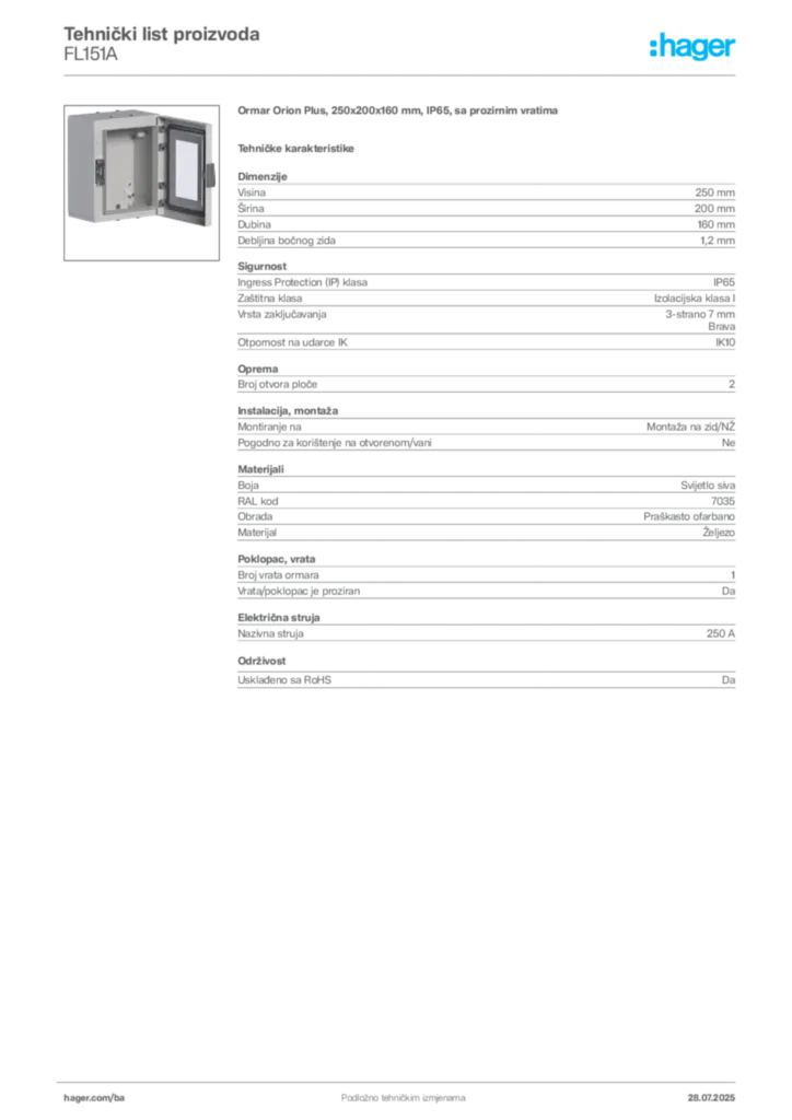 Slika Hager Product data sheet FL151A  | Hager