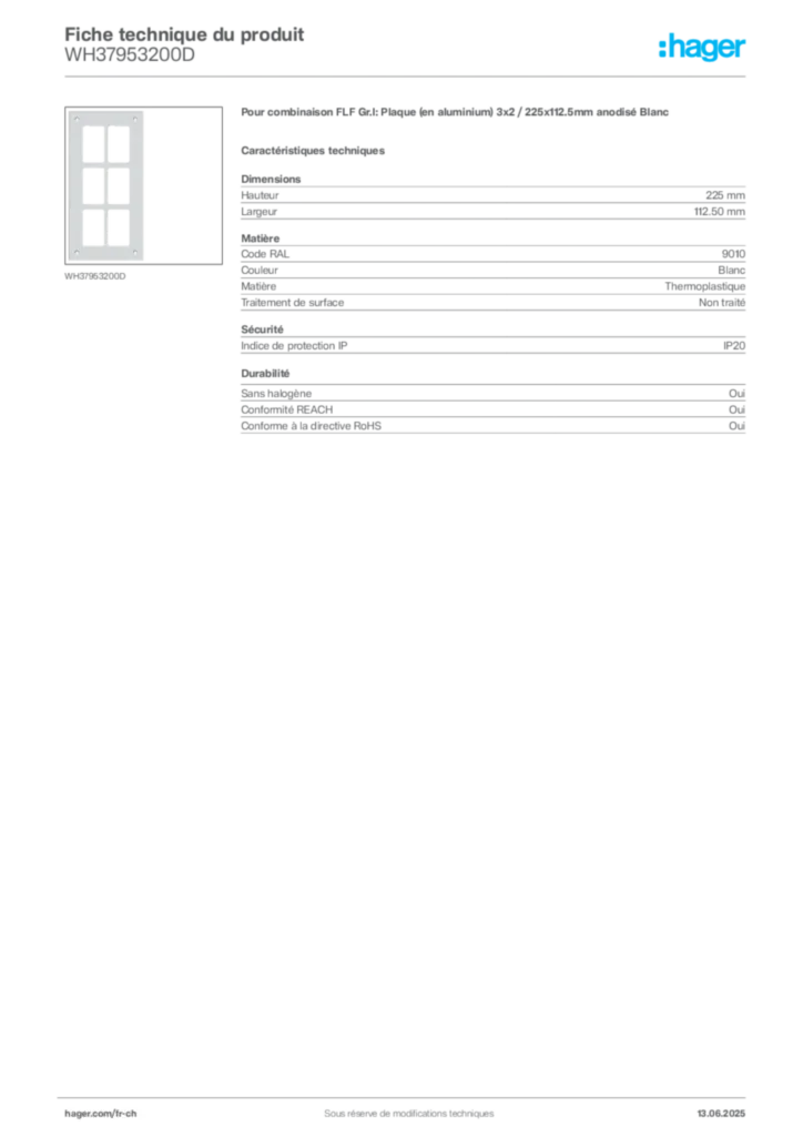 Image Hager Fiche technique du produit WH37953200D | Hager Suisse