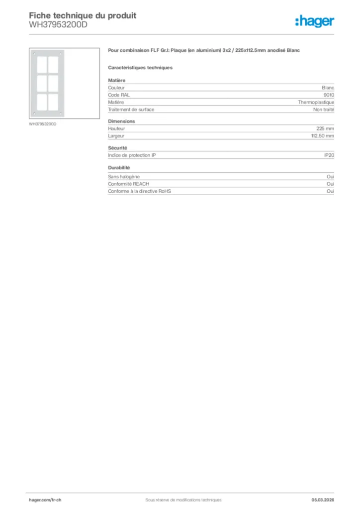 Image Hager Fiche technique du produit WH37953200D | Hager Suisse