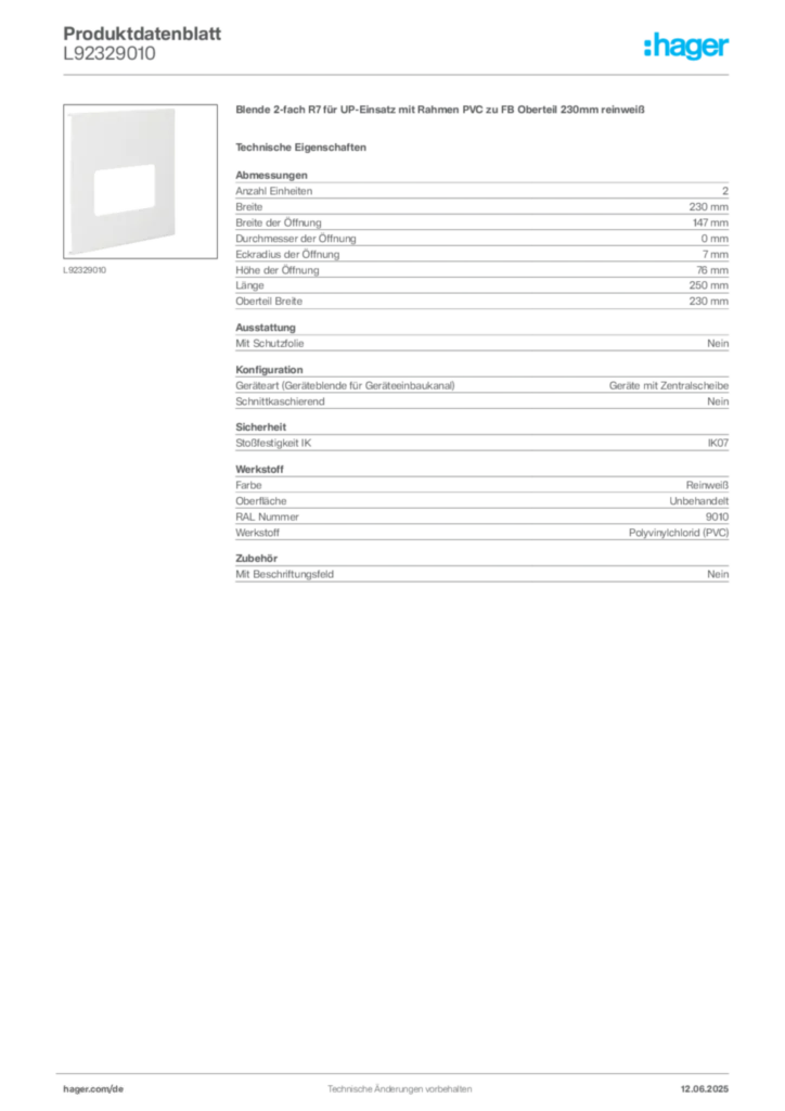 Bild Hager Produktdatenblatt L92329010 | Hager Deutschland