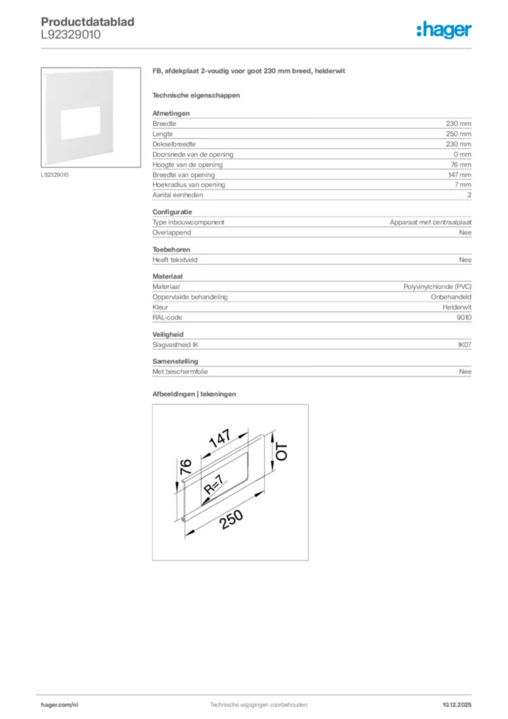 Afbeelding Hager Productdatablad L92329010 | Hager Nederland