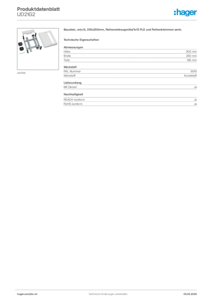 Bild Hager Produktdatenblatt UD21G2 | Hager Schweiz