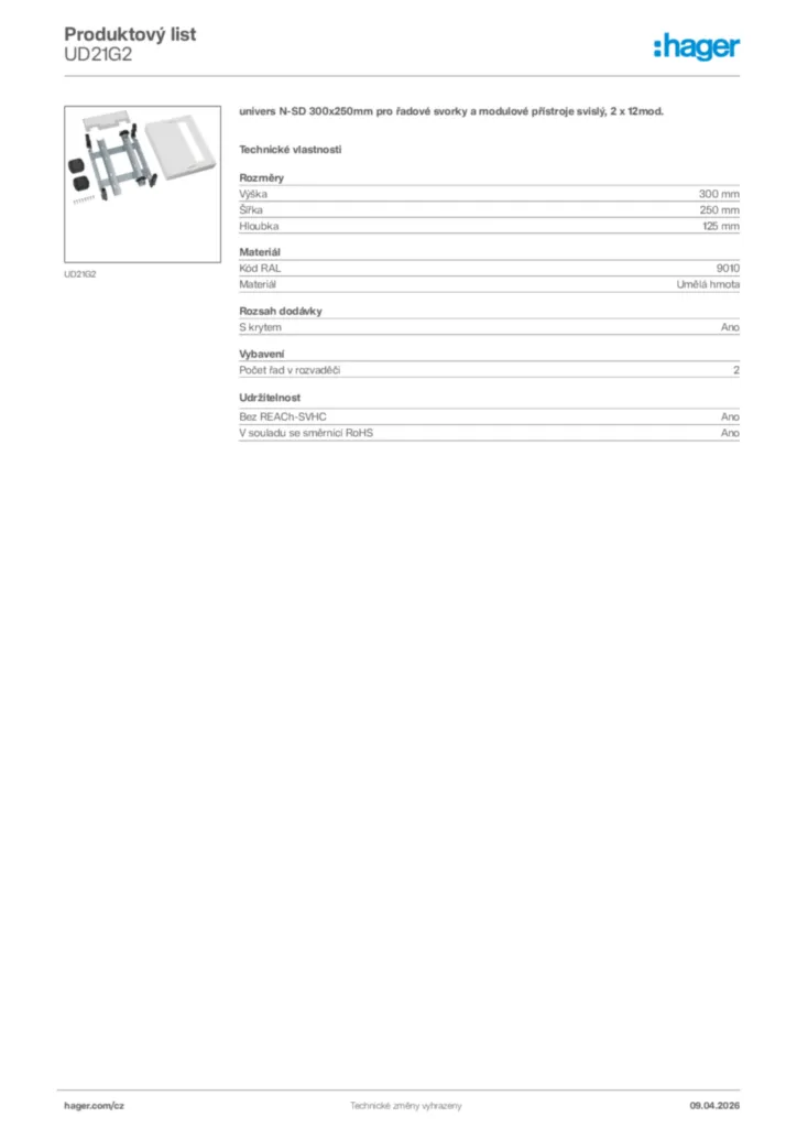 Obrázek Hager Product data sheet UD21G2 | Hager