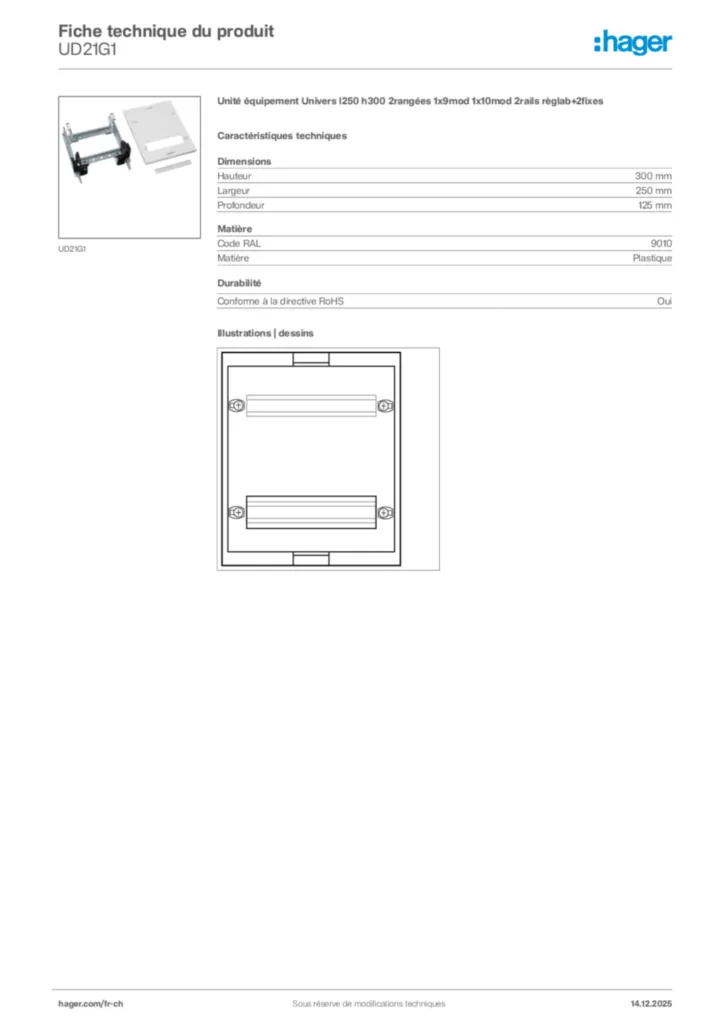 Image Hager Fiche technique du produit UD21G1 | Hager Suisse