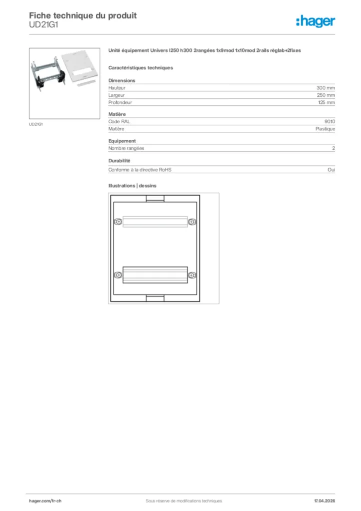 Image Hager Fiche technique du produit UD21G1 | Hager Suisse