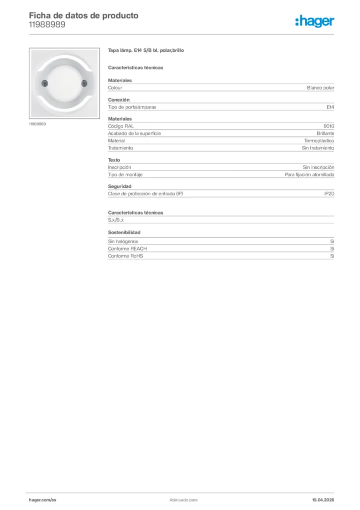Imagen Hager Ficha de datos de producto 11988989 | Hager España