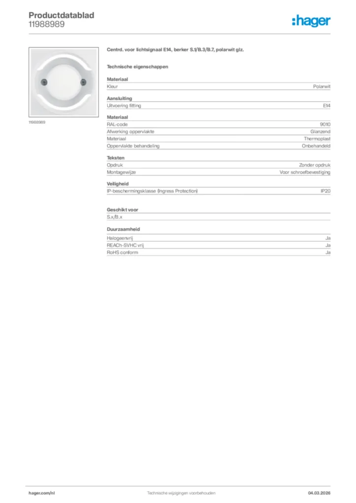 Afbeelding Hager Productdatablad 11988989 | Hager Nederland
