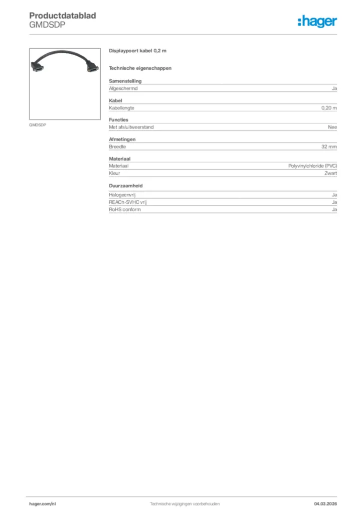 Afbeelding Hager Productdatablad GMDSDP | Hager Nederland