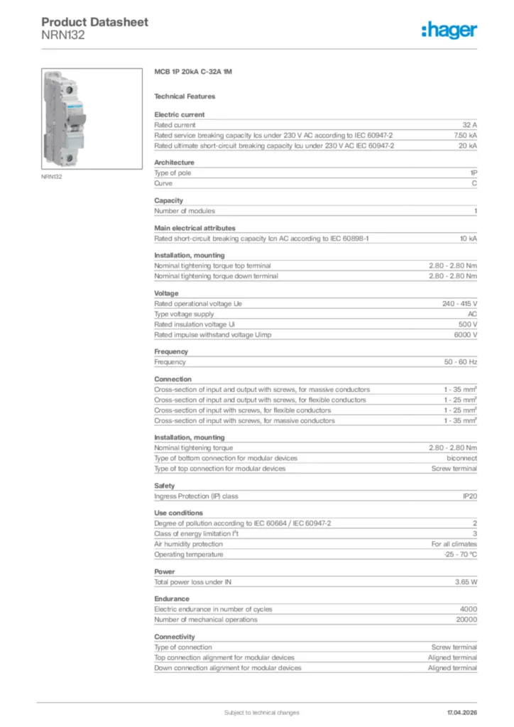 Image Hager Product data sheet NRN132  | Hager Africa