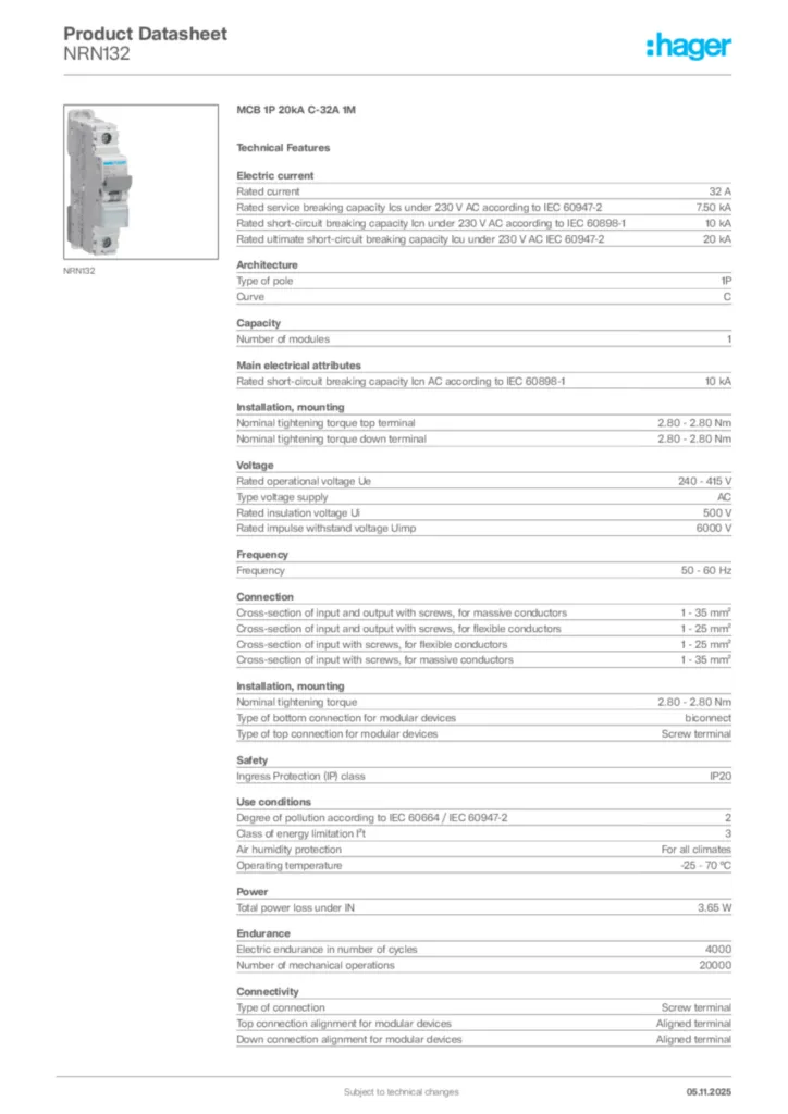 Image Hager Product data sheet NRN132  | Hager Africa