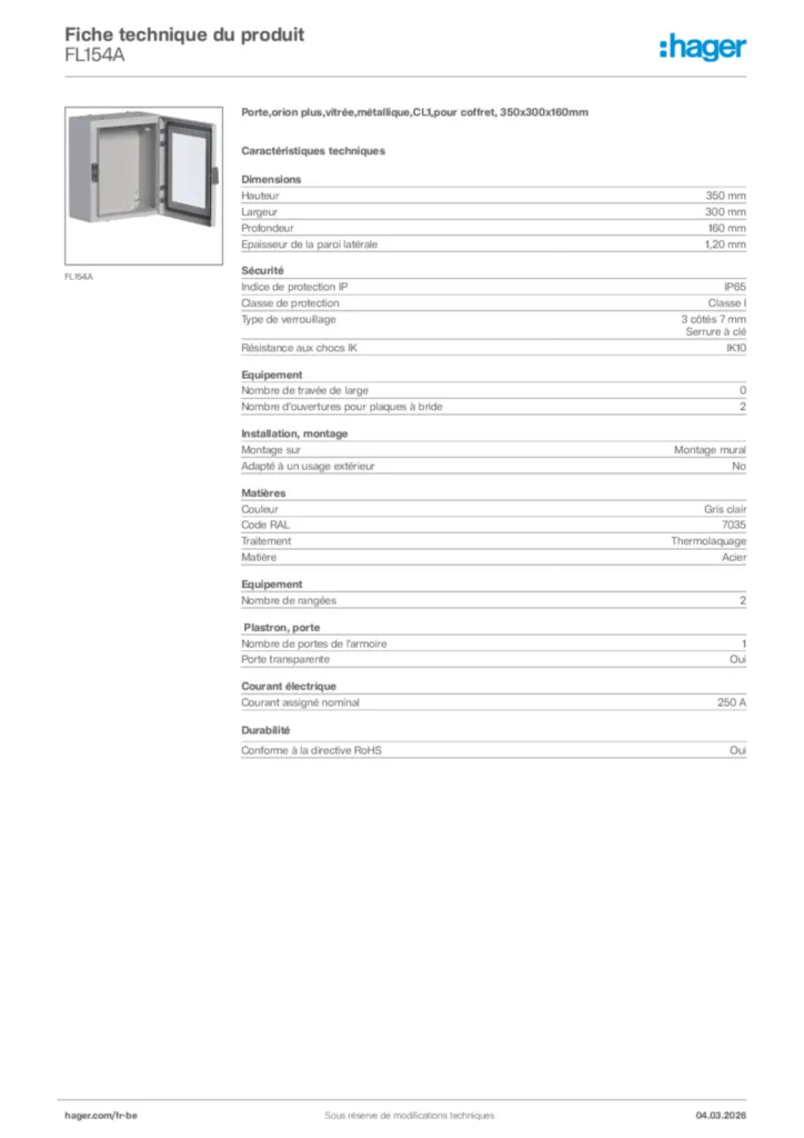Image Hager Fiche technique du produit FL154A | Hager Belgique