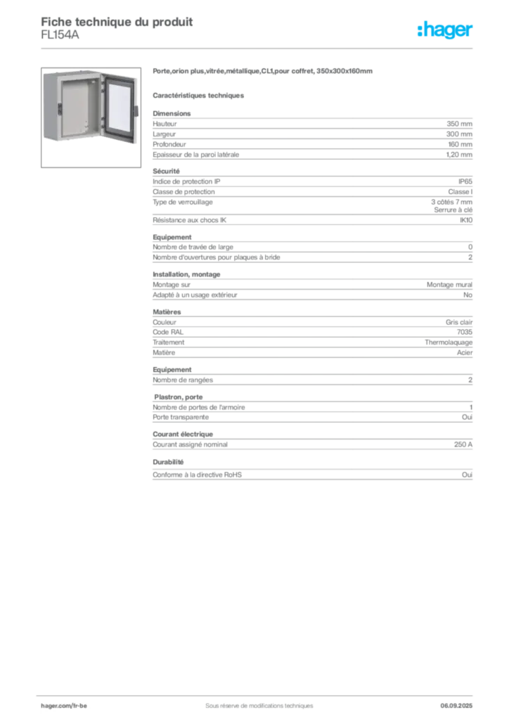 Image Hager Fiche technique du produit FL154A | Hager Belgique