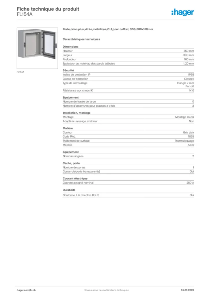 Image Hager Fiche technique du produit FL154A | Hager Suisse
