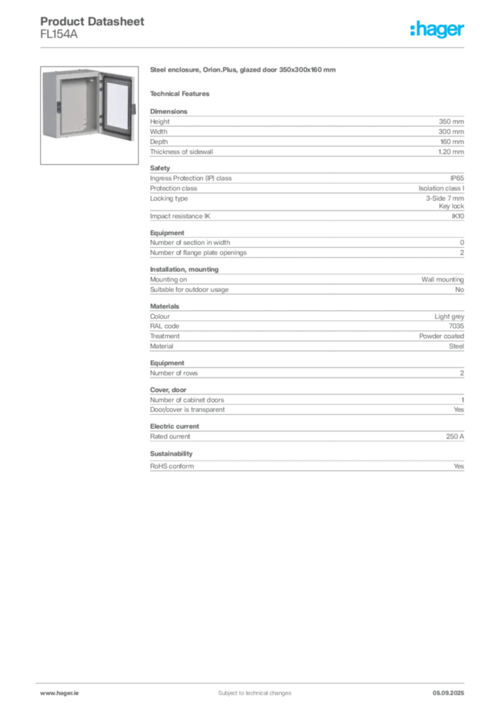 Image Hager Product data sheet FL154A  | Hager