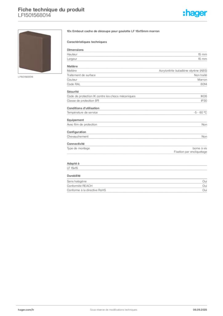 Image Hager Fiche technique du produit LF1501568014 | Hager France
