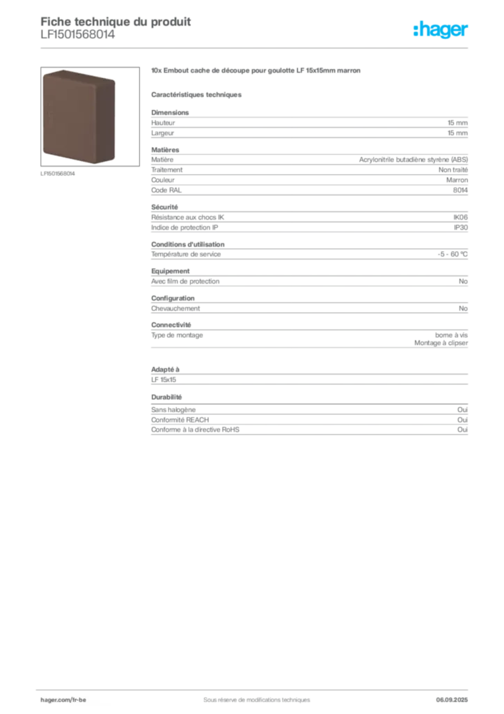 Image Hager Fiche technique du produit LF1501568014 | Hager Belgique