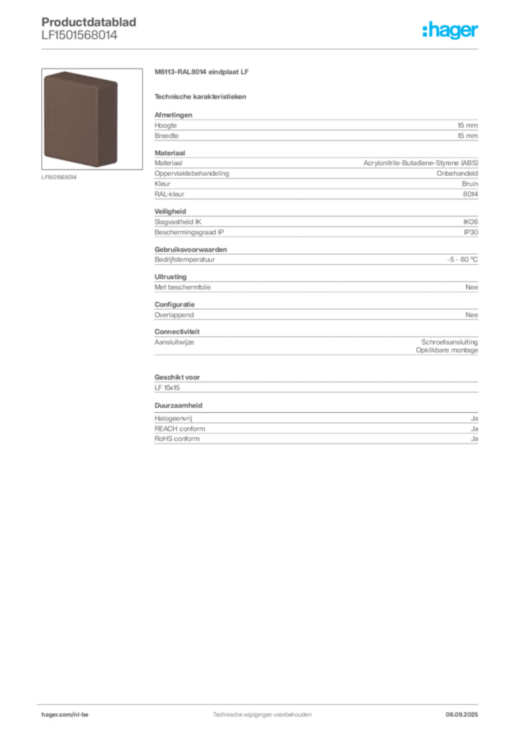Afbeelding Hager Productdatablad LF1501568014 | Hager Belgium
