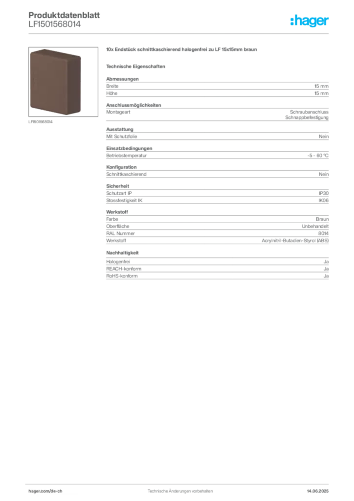 Bild Hager Produktdatenblatt LF1501568014 | Hager Schweiz