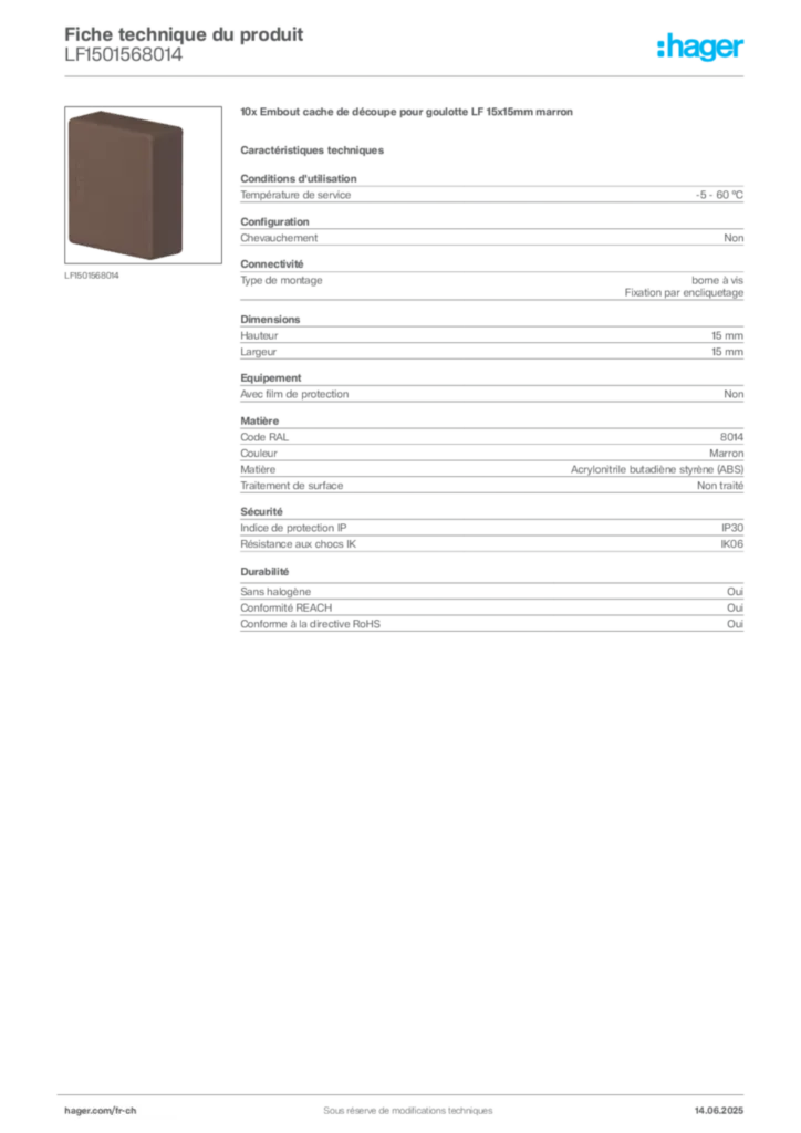 Image Hager Fiche technique du produit LF1501568014 | Hager Suisse