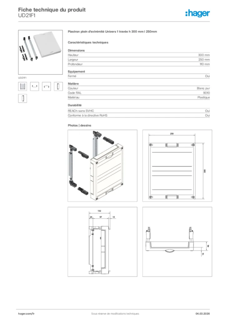 Image Hager Fiche technique du produit UD21F1 | Hager France