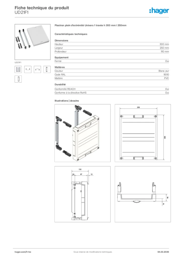 Image Hager Fiche technique du produit UD21F1 | Hager Belgique