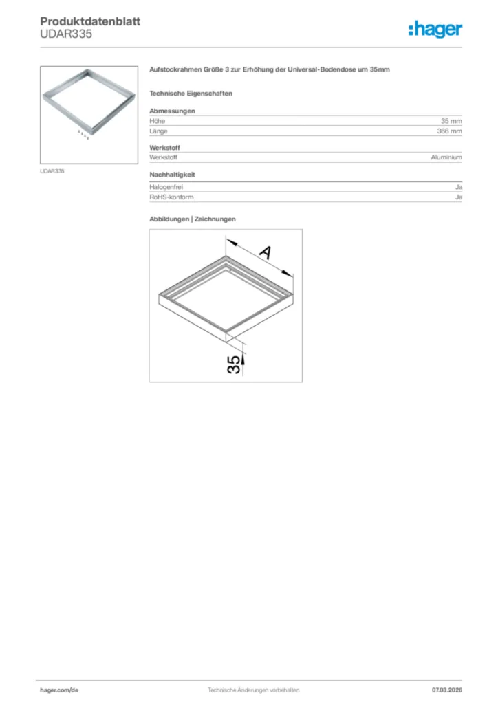 Bild Hager Produktdatenblatt UDAR335 | Hager Deutschland