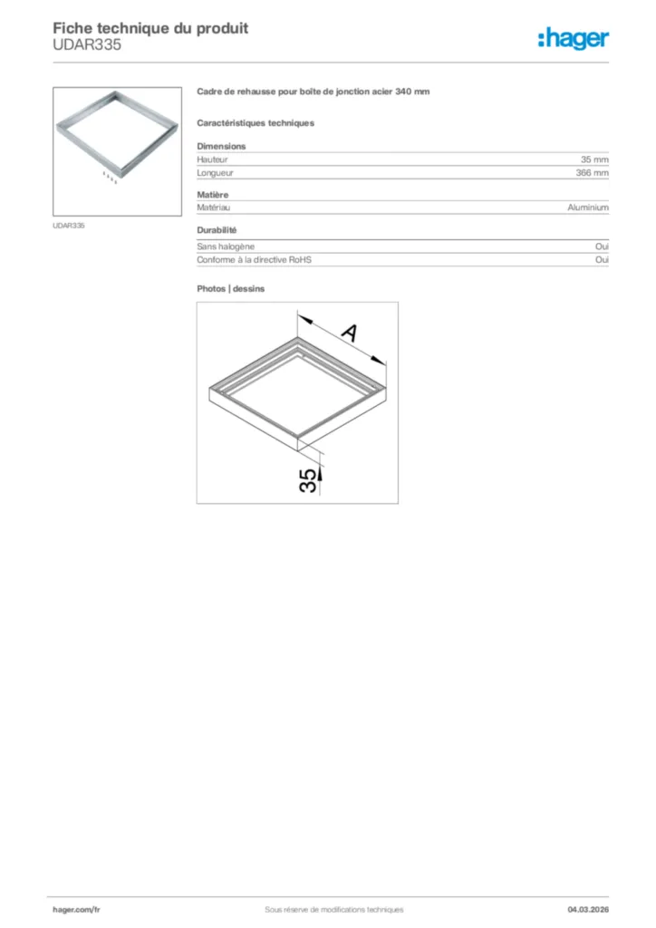 Image Hager Fiche technique du produit UDAR335 | Hager France