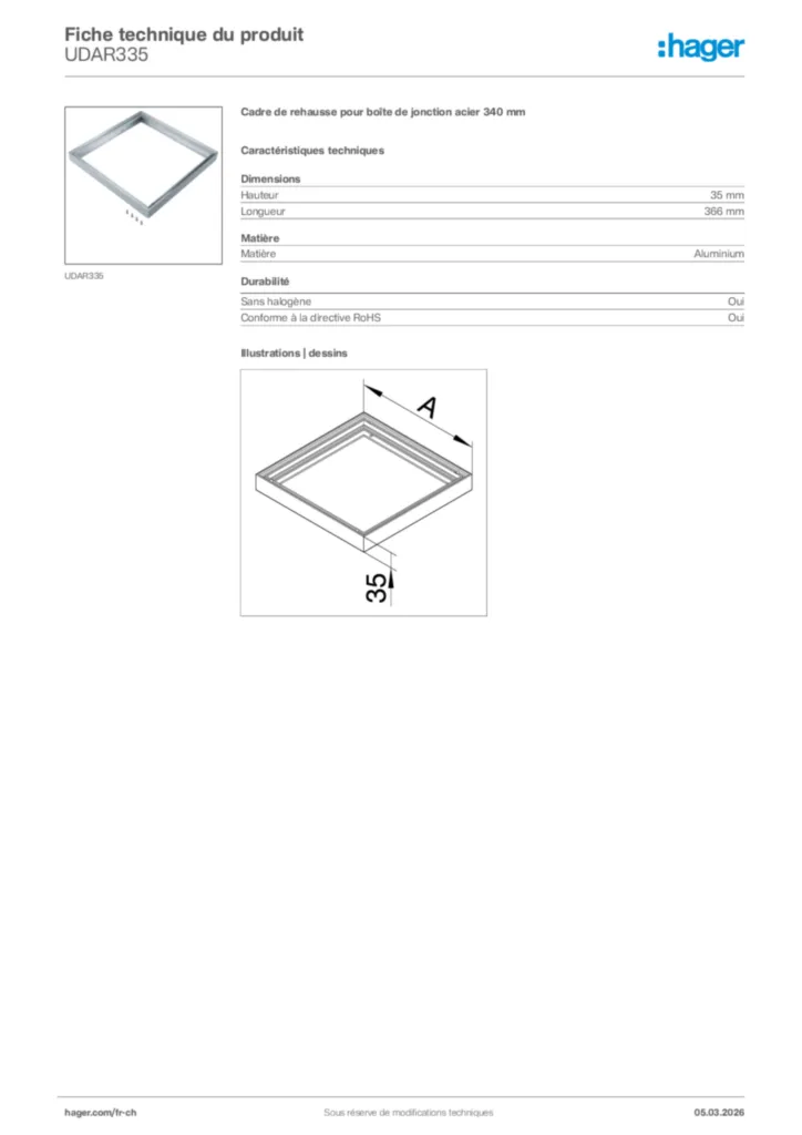 Image Hager Fiche technique du produit UDAR335 | Hager Suisse