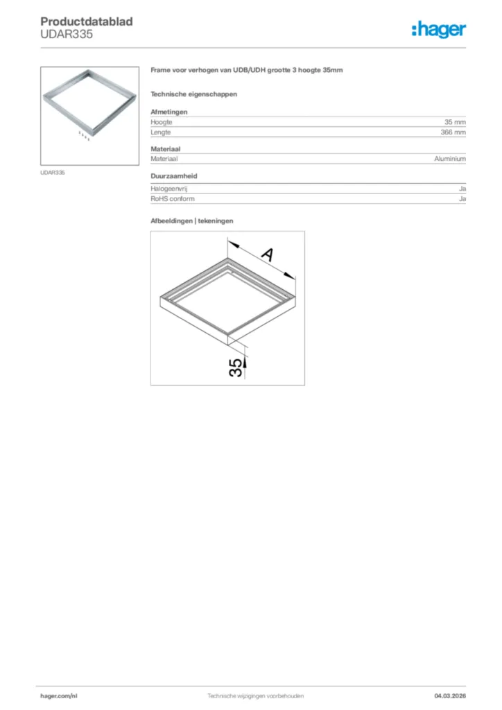 Afbeelding Hager Productdatablad UDAR335 | Hager Nederland