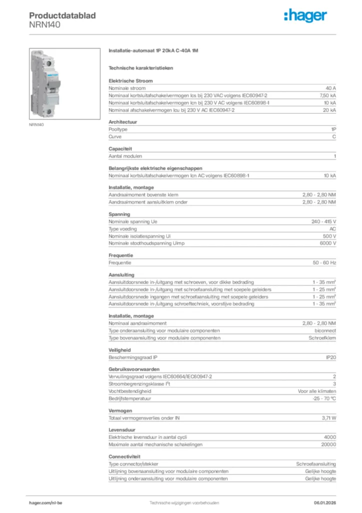 Afbeelding Hager Productdatablad NRN140 | Hager Belgium