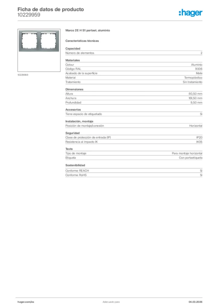 Imagen Hager Ficha de datos de producto 10229959 | Hager España