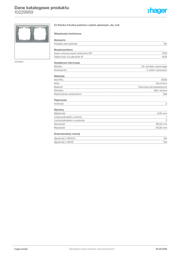 Zdjęcie Hager Dane katalogowe produktu 10229959 | Hager Polska